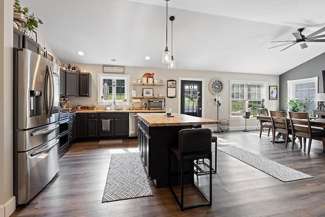 15 Fieldstone Dr, Augusta, ME 04330 - kitchen with stainless steel appliances, wooden counters, vaulted ceiling, ceiling fan, and recessed lighting