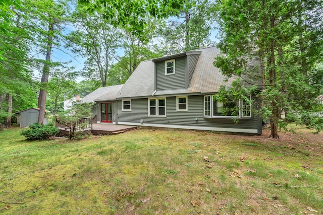 14 Pinewood Cir, Biddeford, ME 04005 - back of house featuring a shed, a deck, a yard, and french doors