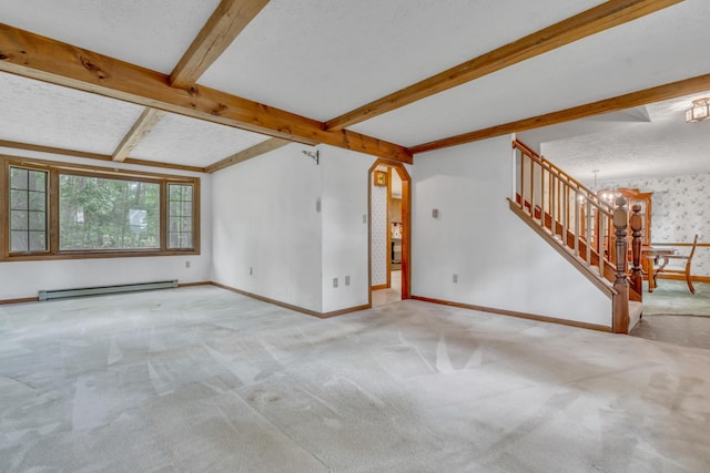 14 Pinewood Cir, Biddeford, ME 04005 - unfurnished living room with a baseboard radiator, carpet floors, beamed ceiling, a chandelier, and stairway
