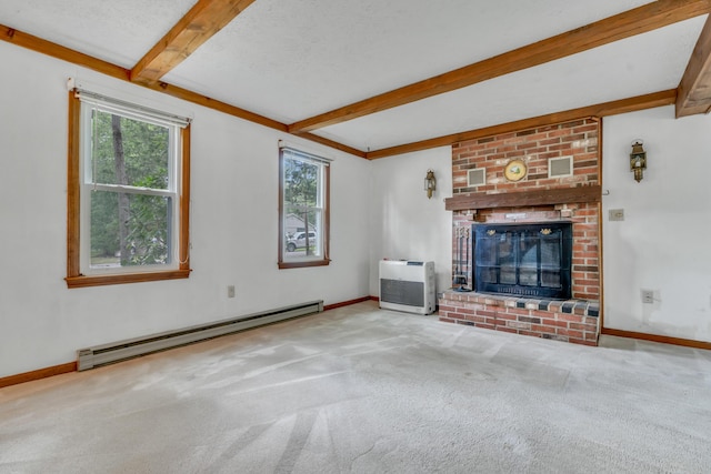 14 Pinewood Cir, Biddeford, ME 04005 - unfurnished living room with a baseboard heating unit, beamed ceiling, carpet, and a brick fireplace