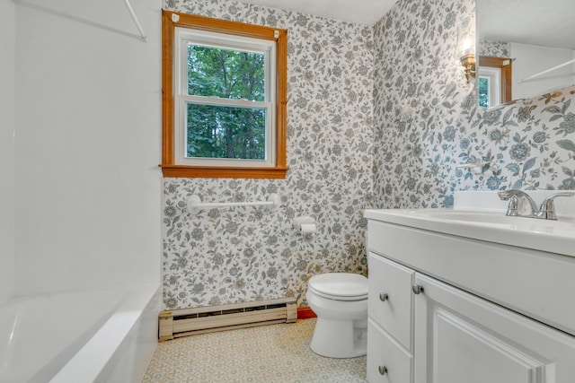 14 Pinewood Cir, Biddeford, ME 04005 - bathroom featuring a baseboard radiator, vanity, and wallpapered walls