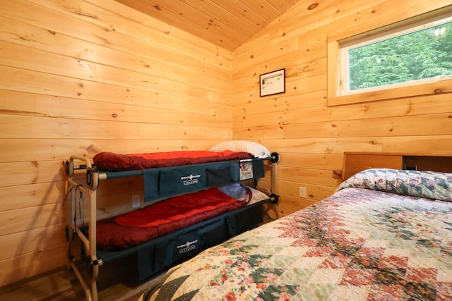 92 Cottage Shore Dr, Holden, ME 04429 - bedroom featuring vaulted ceiling, wooden ceiling, and wooden walls