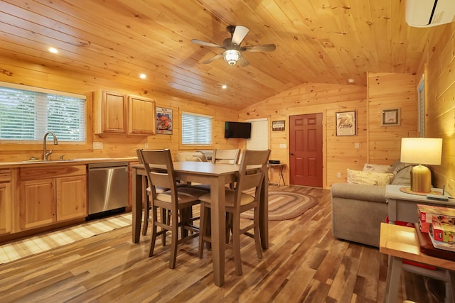 92 Cottage Shore Dr, Holden, ME 04429 - dining space with wood ceiling, vaulted ceiling, light wood-type flooring, wooden walls, and ceiling fan