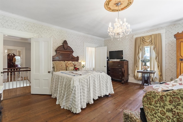 18 High St, Wiscasset, ME 04578 - bedroom featuring wallpapered walls, dark wood-style floors, a chandelier, and crown molding
