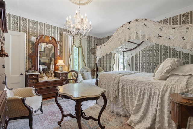 18 High St, Wiscasset, ME 04578 - bedroom featuring ornamental molding, wallpapered walls, a chandelier, and multiple windows