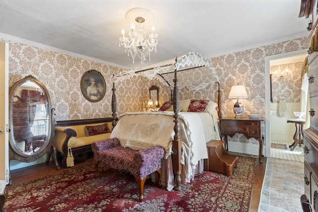 18 High St, Wiscasset, ME 04578 - bedroom with wallpapered walls, a chandelier, a wainscoted wall, crown molding, and wood finished floors