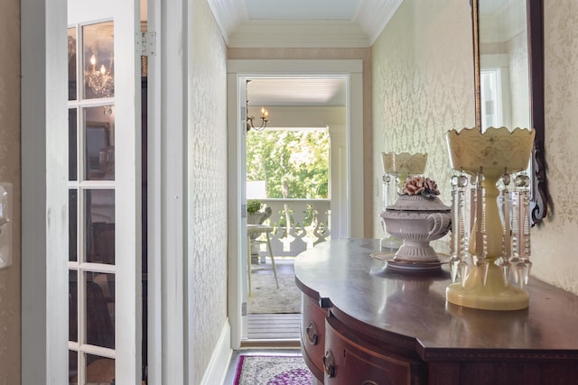 18 High St, Wiscasset, ME 04578 - office featuring ornamental molding, a chandelier, and wallpapered walls