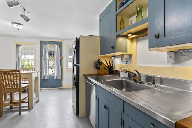 141 Centre St, Bath, ME 04530 - kitchen featuring stainless steel countertops, blue cabinetry, light wood-type flooring, open shelves, and dishwasher