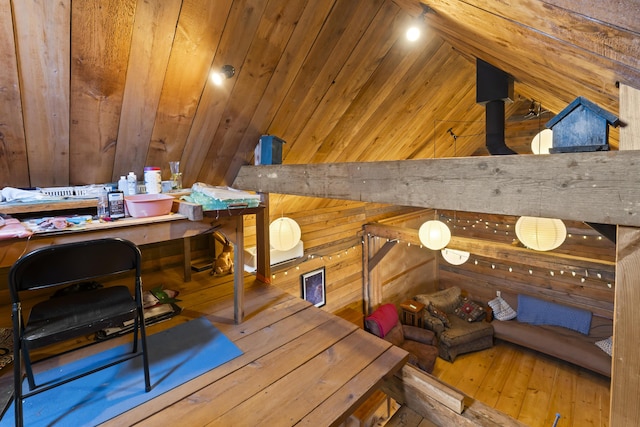 141 Centre St, Bath, ME 04530 - office area featuring wood walls, lofted ceiling, and hardwood / wood-style flooring