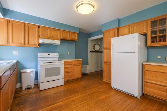25 Oliver St, Bath, ME 04530 - kitchen featuring white appliances, under cabinet range hood, radiator, hardwood / wood-style flooring, and light countertops