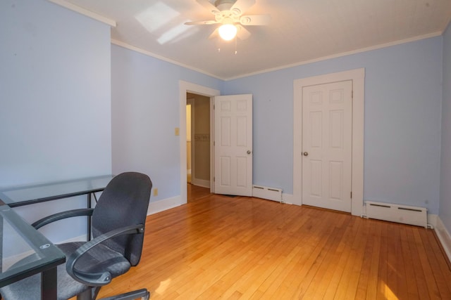 25 Oliver St, Bath, ME 04530 - office featuring baseboard heating, ceiling fan, light wood-style floors, and crown molding