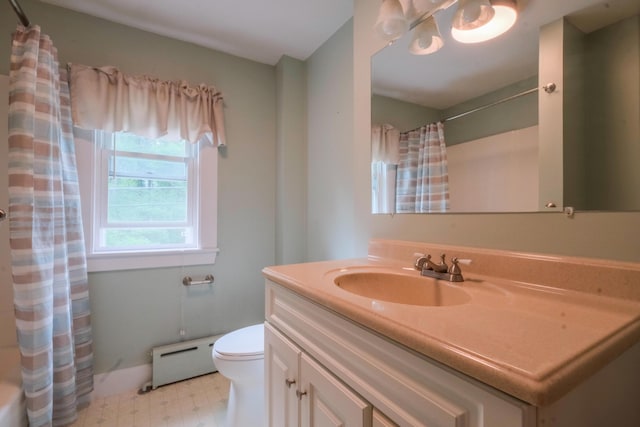 25 Oliver St, Bath, ME 04530 - full bath featuring baseboard heating, vanity, tile patterned floors, and curtained shower