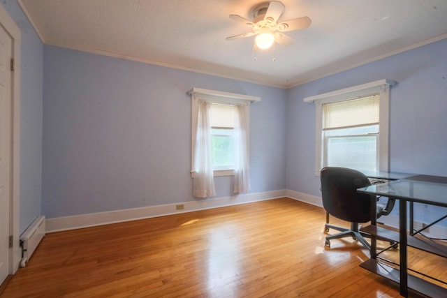 25 Oliver St, Bath, ME 04530 - office area featuring light wood-style flooring, ornamental molding, and a ceiling fan