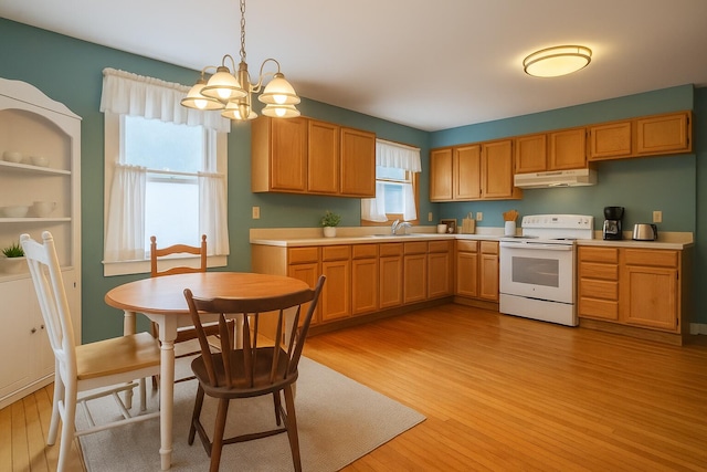 25 Oliver St, Bath, ME 04530 - kitchen featuring electric range, under cabinet range hood, light wood finished floors, light countertops, and a chandelier