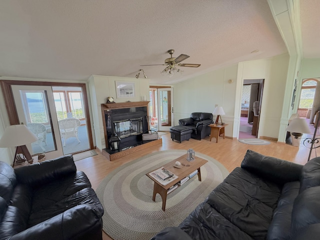 8 Bar Is, Tremont, ME 04674 - living area with light wood-style flooring, ceiling fan, a textured ceiling, lofted ceiling, and a glass covered fireplace