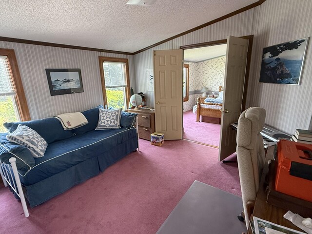 8 Bar Is, Tremont, ME 04674 - living room featuring carpet flooring, crown molding, a textured ceiling, healthy amount of natural light, and lofted ceiling