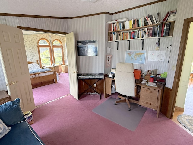 8 Bar Is, Tremont, ME 04674 - office space featuring crown molding, carpet, wallpapered walls, and a textured ceiling