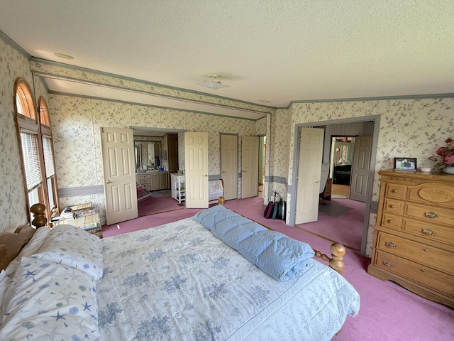 8 Bar Is, Tremont, ME 04674 - bedroom with wallpapered walls, carpet flooring, a textured ceiling, and ornamental molding