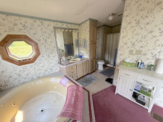 8 Bar Is, Tremont, ME 04674 - bathroom with wallpapered walls, vanity, a whirlpool tub, tile patterned flooring, and a textured ceiling