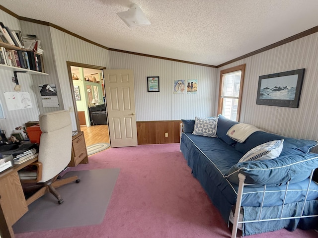 8 Bar Is, Tremont, ME 04674 - carpeted office featuring crown molding, a textured ceiling, and wooden walls
