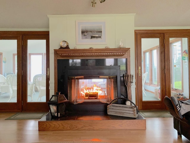 8 Bar Is, Tremont, ME 04674 - detailed view of a multi sided fireplace, wood finished floors, and ornamental molding