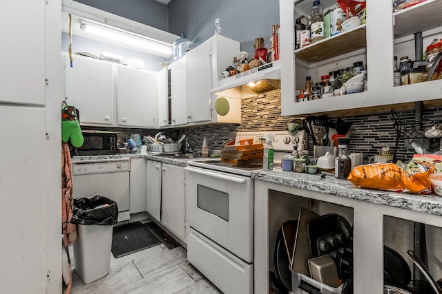 20 Elmwood Ave, Westbrook, ME 04092 - kitchen with white appliances, tasteful backsplash, white cabinets, open shelves, and light countertops