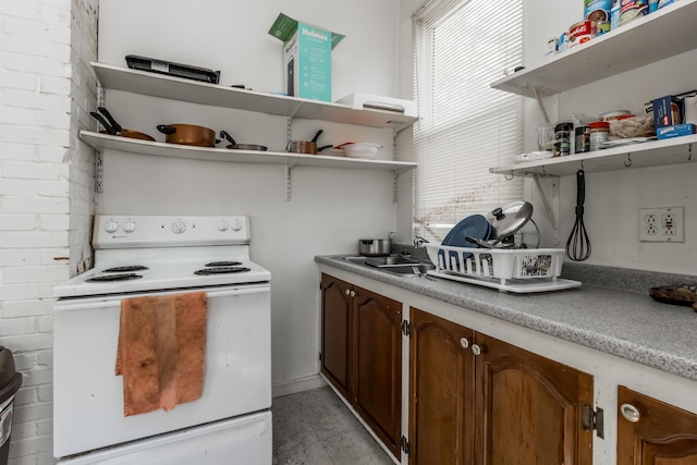 20 Elmwood Ave, Westbrook, ME 04092 - kitchen featuring open shelves, electric stove, and light countertops