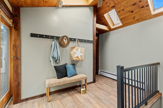13 Wildbrook Dr, Biddeford, ME 04005 - mudroom featuring a skylight, wood finished floors, wood ceiling, and vaulted ceiling
