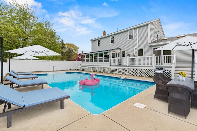 13 Wildbrook Dr, Biddeford, ME 04005 - view of pool with a deck, a fenced backyard, a sunroom, and a patio area