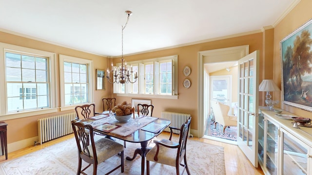 12 Center St, Machias, ME 04654 - dining space with radiator, plenty of natural light, light wood finished floors, and crown molding
