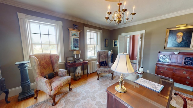 12 Center St, Machias, ME 04654 - office area with radiator, a chandelier, light wood-type flooring, and crown molding