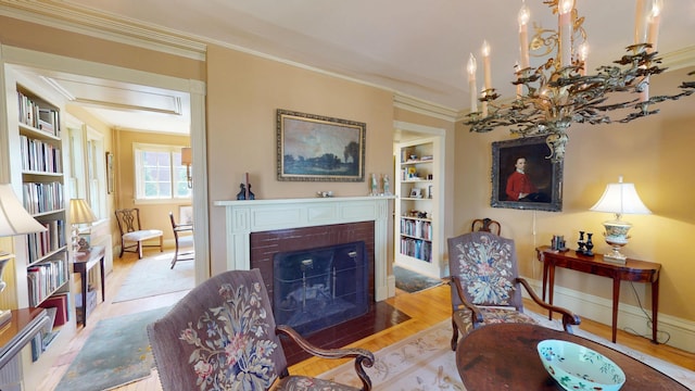 12 Center St, Machias, ME 04654 - living area with light wood-style floors, a fireplace with flush hearth, and crown molding