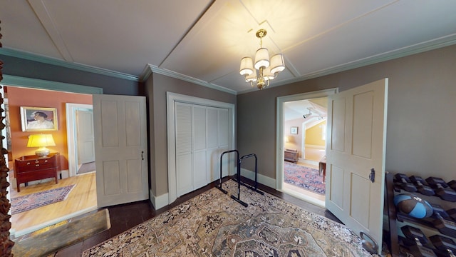 12 Center St, Machias, ME 04654 - dining room featuring wood finished floors, a chandelier, and crown molding