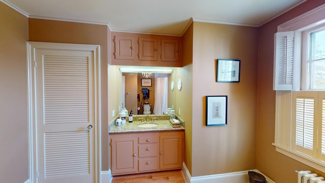 12 Center St, Machias, ME 04654 - bathroom featuring vanity, radiator, ornamental molding, and wood finished floors