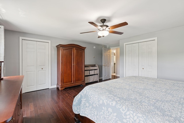 19 Straw Rd, Gorham, ME 04038 - bedroom with dark wood-type flooring, two closets, and ceiling fan
