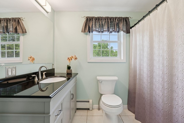 19 Straw Rd, Gorham, ME 04038 - full bathroom with baseboard heating, vanity, tile patterned floors, and healthy amount of natural light