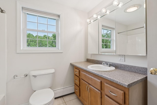19 Straw Rd, Gorham, ME 04038 - full bathroom with a baseboard heating unit, vanity, tile patterned floors, and a shower