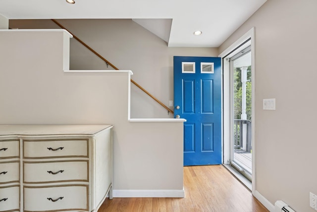 19 Straw Rd, Gorham, ME 04038 - entrance foyer featuring light wood-style flooring, a baseboard heating unit, stairs, and recessed lighting