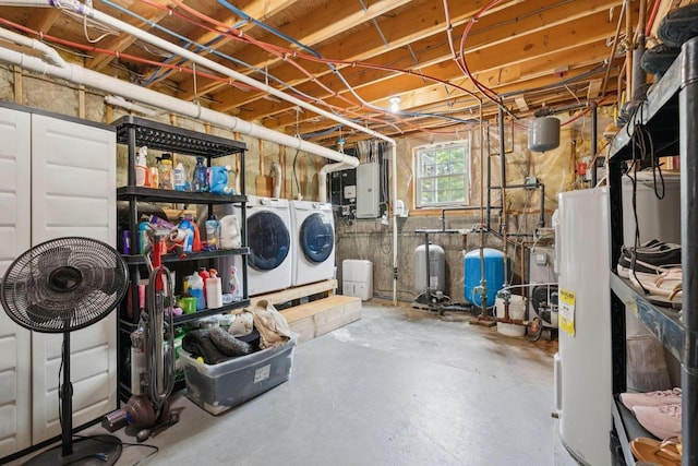 19 Straw Rd, Gorham, ME 04038 - below grade area featuring washer and dryer, a water pressure tank, electric panel, and water heater