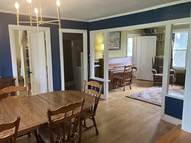 16 N Main St, Morrill, ME 04952 - dining room featuring ornamental molding, radiator heating unit, light wood finished floors, and a chandelier
