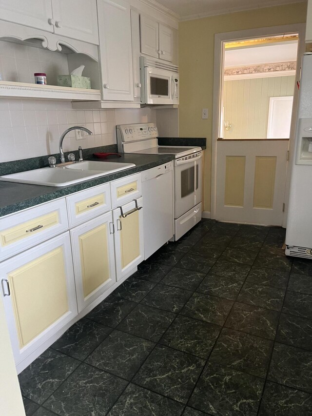 299 County Rd, Westbrook, ME 04092 - kitchen with white appliances, open shelves, dark countertops, white cabinetry, and ornamental molding