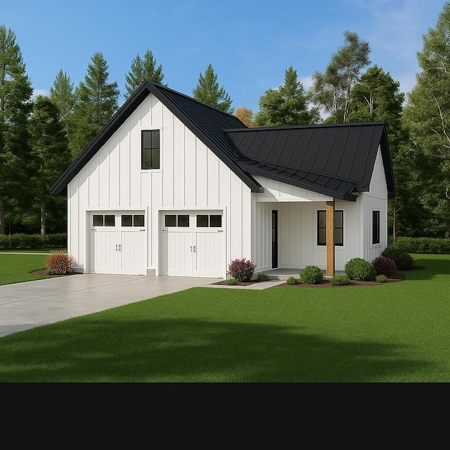 2 Moxie Ln, Biddeford, ME 04005 - modern farmhouse style home featuring a standing seam roof, a front yard, a garage, and concrete driveway