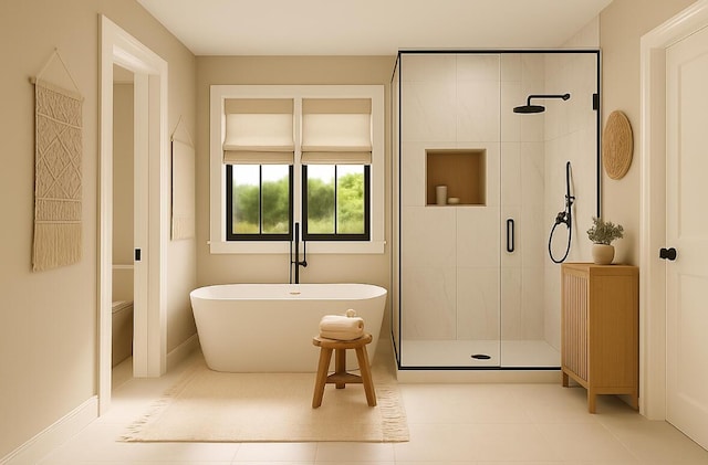 2 Moxie Ln, Biddeford, ME 04005 - bathroom with a shower stall, a freestanding tub, and tile patterned floors