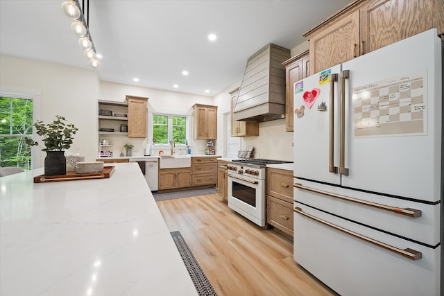 27 Meadow View Dr, Readfield, ME 04355 - kitchen with white appliances, custom exhaust hood, open shelves, light wood-style flooring, and recessed lighting