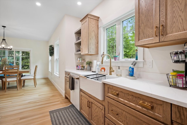 27 Meadow View Dr, Readfield, ME 04355 - kitchen with dishwashing machine, plenty of natural light, a chandelier, light wood-style floors, and recessed lighting