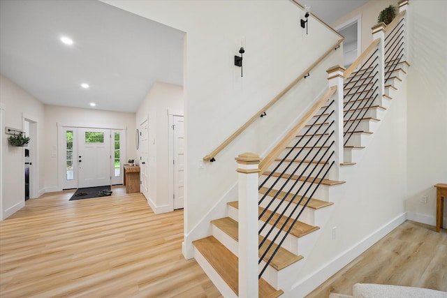 27 Meadow View Dr, Readfield, ME 04355 - entryway with wood finished floors, stairway, and recessed lighting