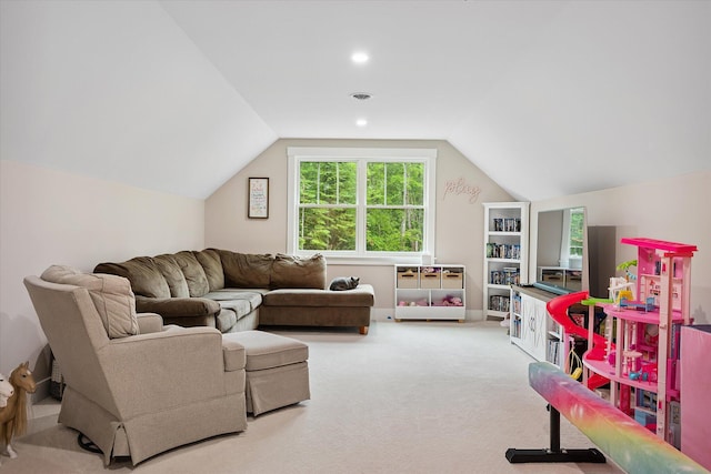 27 Meadow View Dr, Readfield, ME 04355 - living area with carpet flooring, vaulted ceiling, and recessed lighting