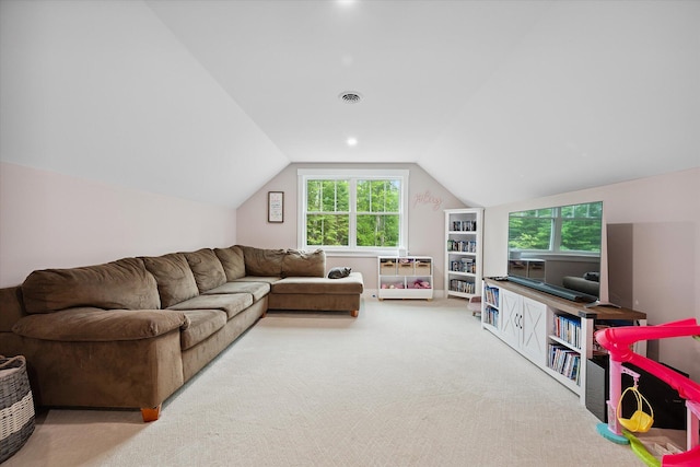 27 Meadow View Dr, Readfield, ME 04355 - living room with healthy amount of natural light, vaulted ceiling, and carpet floors