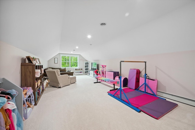 27 Meadow View Dr, Readfield, ME 04355 - rec room with lofted ceiling, carpet flooring, and recessed lighting