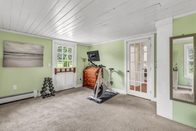 1511 Alna Rd, Alna, ME 04535 - exercise room featuring carpet, a baseboard radiator, wood ceiling, and ornamental molding